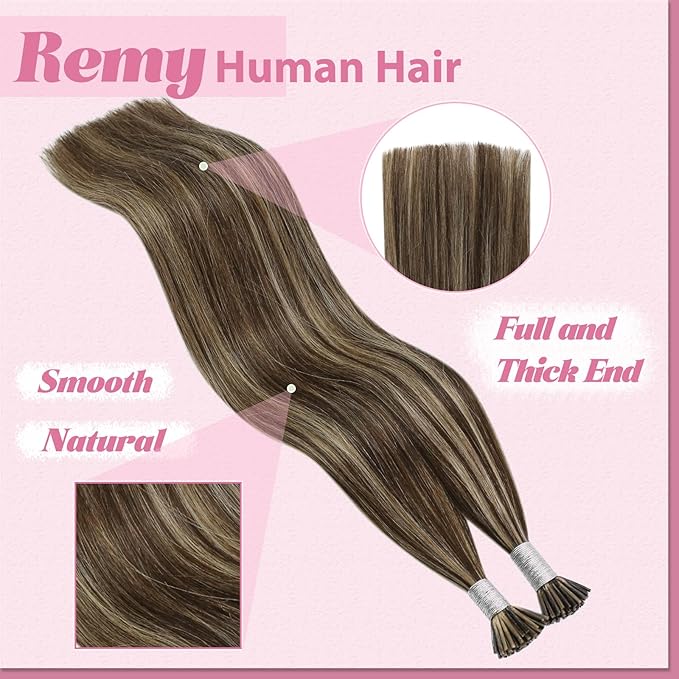 YoungSee I Tip Hair Extensions Human Hair Brown Highlight Itips Hair Extensions Human Hair Dark Brown with Blonde Highlight Tip Hair Extension Soft 20 Inch 50s 50g