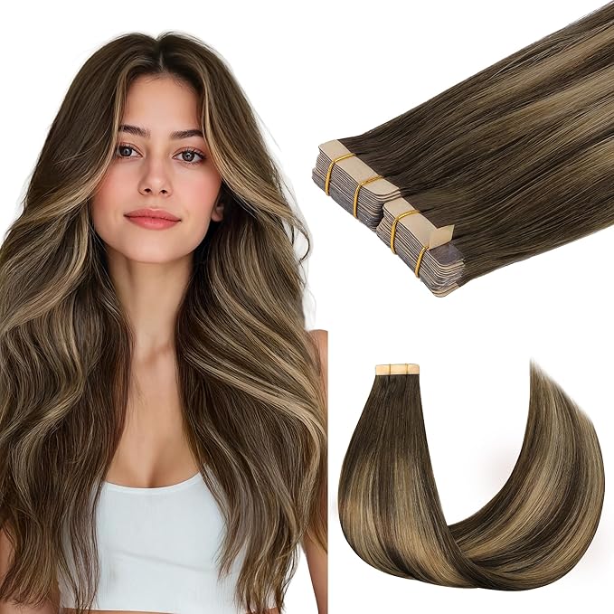 GOO GOO Tape in Hair Extensions Human Hair, 4/27/4 Balayage Chocolate Brown to Caramel Blonde, 16inch 100g 40pcs, Skin Weft Seamless Invisible, Silky Straight with Thick Ends, Remy Human Hair