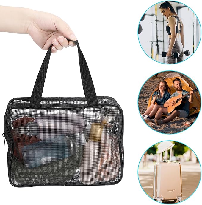 Mozeat Lens Portable Mesh Shower Caddy Bag - Black Dorm Toiletry Organizer Tote Quick-Dry Gym Shower Bag for Travel Camping College Dorm Room Bathroom