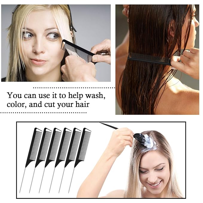 Patelai 30 Pieces Rat Tail Combs Bulk, Hair Teasing Fine Tooth Pintail Combs Braiding Hair Styling Tools with Steel Pin for Stylists Salon Teasing Sectioning Coloring Detangling(Black, Silver)