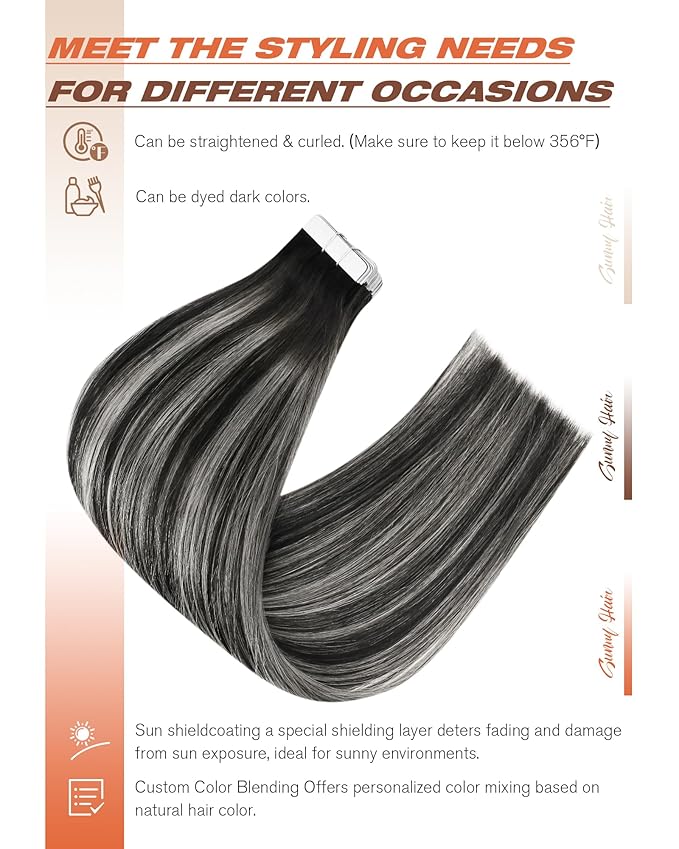 Sunny Hair Tape in Hair Extensions Real Human Hair Invisible Remy Hair Extensions Tape ins for Women Natural Black Roots to Silver Grey Balayage 12 inch 20Pcs
