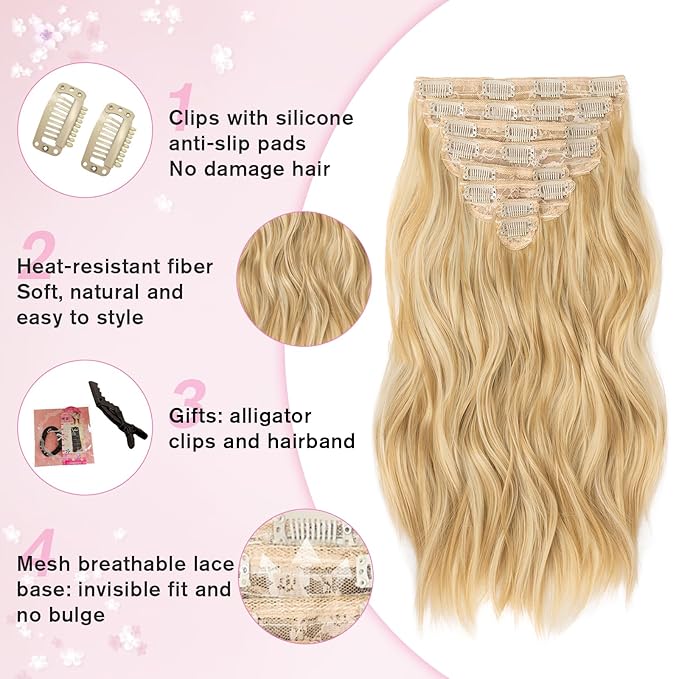 Clip in Hair Extensions for Women, 8PCS 16 Inch Wavy Honey Blonde Mix Beach Blonde Hair Extensions Clip Ins, Synthetic Hairpieces for Women