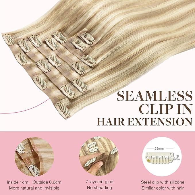 GOO GOO Clip in Hair Extensions Real Human Hair, Remy Human Hair Extensions Clip ins for Women, Natural Human Hair, 22inch 110g 7Pcs, 18A/613A Dark Blonde Highlighted Bleach Blonde