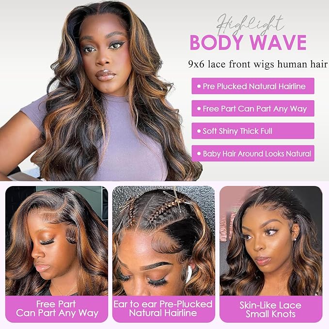 30 Inch Ombre Lace Front Wigs Human Hair Pre Plucked Colored 1B/30 Highlight Lace Front Wig Body Wave 9X6 Lace Frontal Wig Human Hair Honey Balayage Wigs Human Hair Wig