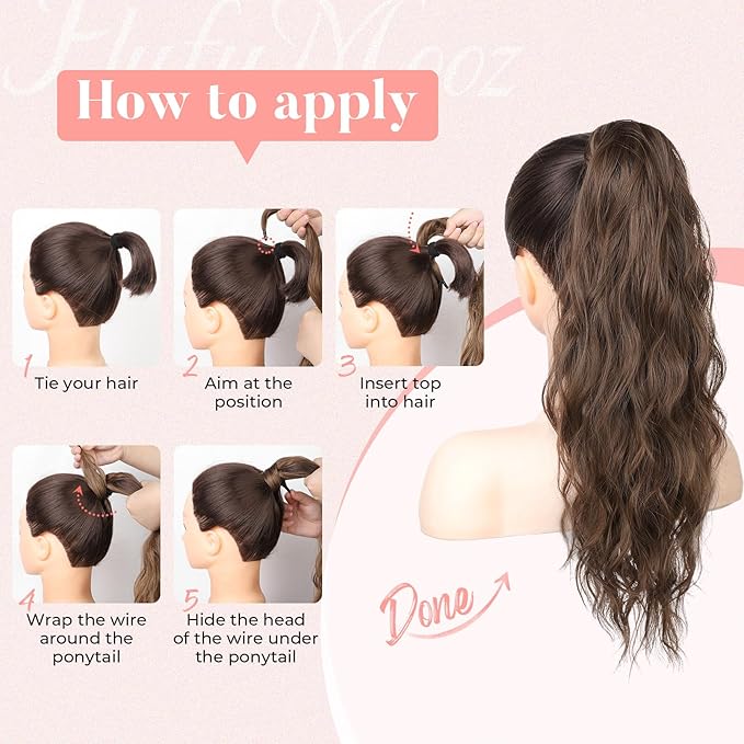 Flufymooz Ponytail Extension, Flexible Wrap Around Ponytail Extension Long Wavy Curly Ponytail Hair Extensions Natural pony tail Synthetic Hairpiece for Women 26 Inch ((Light Brown)