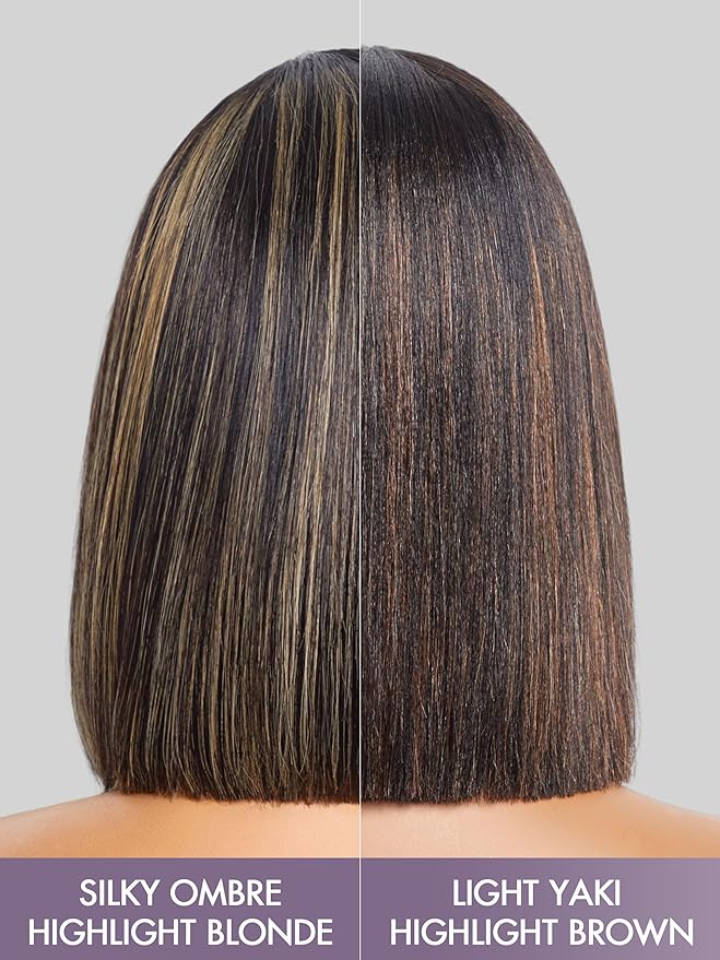 LUVME HAIR 12 Inch Blonde Highlight Bob Human Hair Wig with Bangs Glueless HD Lace Bang Wig True Scalp Ready to Go Silky Straight Highlight Human Hair Short Wig with Bangs (Breathable Cap)