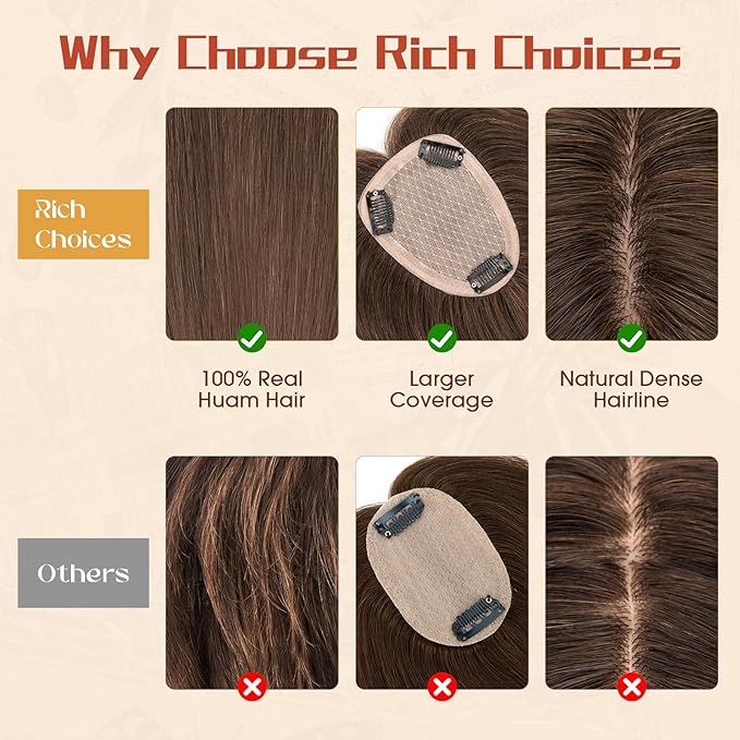 Rich Choices Human Hair Toppers for Women-100% Real Remy Hair Topper No Bang-Upgraded 150% Density 9 * 12CM Lace Base-Clip in Hairs Topper for Thinning Hairs-12Inch #2R Chocolate Brown
