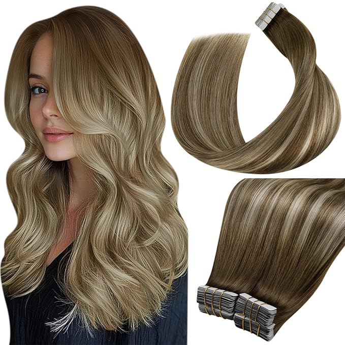 LaaVoo Tape in Hair Extensions Balayage Tape in Extensions Ombre Brown to Blonde Mix Light Brown Hair Extension Tape on Seamless 24 Inch 40pcs 100g