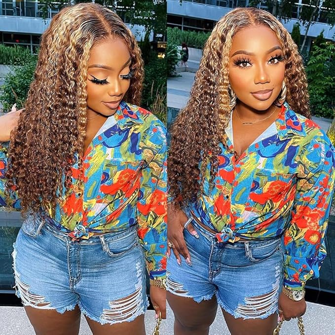 bangjazz 13x4 Deep Wave Lace Front Wigs Human Hair Highlight Ombre 13x4 HD Transparent Lace Frontal Wigs Human Hair 180% Density P4/27 Colored Glueless Curly Wigs for Black Women 24 Inch