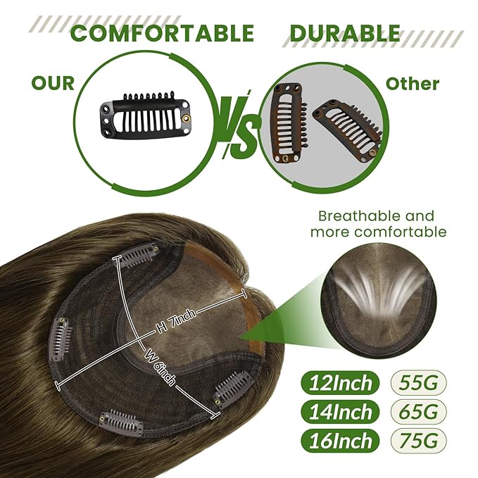 HAIR Real Human Hair Toppers for Women 150 Density 6x7inch 75 grams 16 inch medium dark brown for Women with Thinning Crown (#4 16inch)