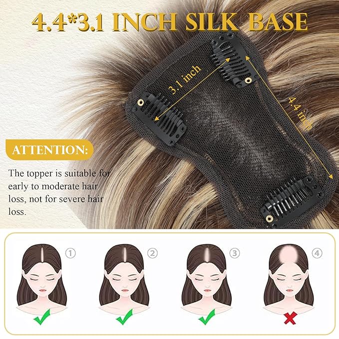 Hair Toppers with Thinning Hairs 100% Real Human Hair Toppers for Women 3D Cover Clip in Bangs 10inch Medium Brown Mix Blonde with Dark Brown Root Topper 120% Density #4T427