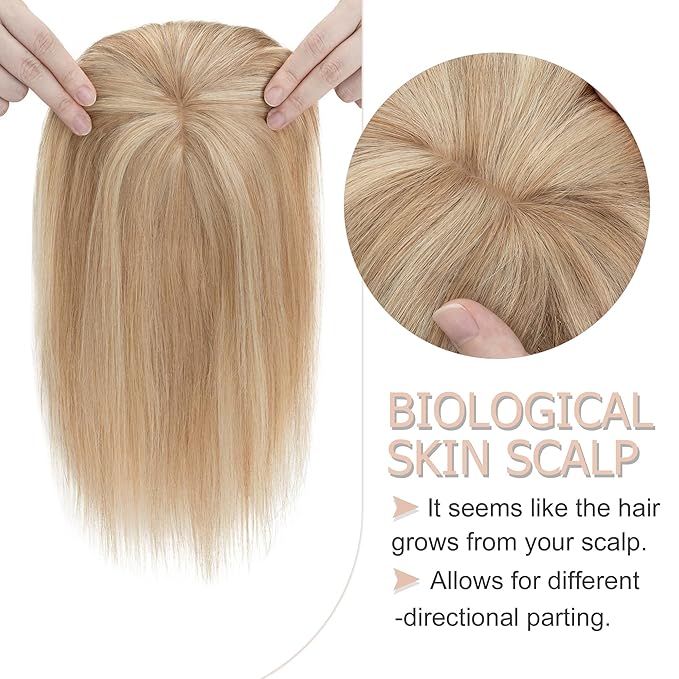 Hair Toppers for Women Real Human Hair With Bangs, 13 * 15 cm Larger Silk Base 150% Density Clip In Topper Hairpieces, Wiglet Top Pieces Add Volume -10 Inch 12P613 Golden Brown&Bleach Blonde