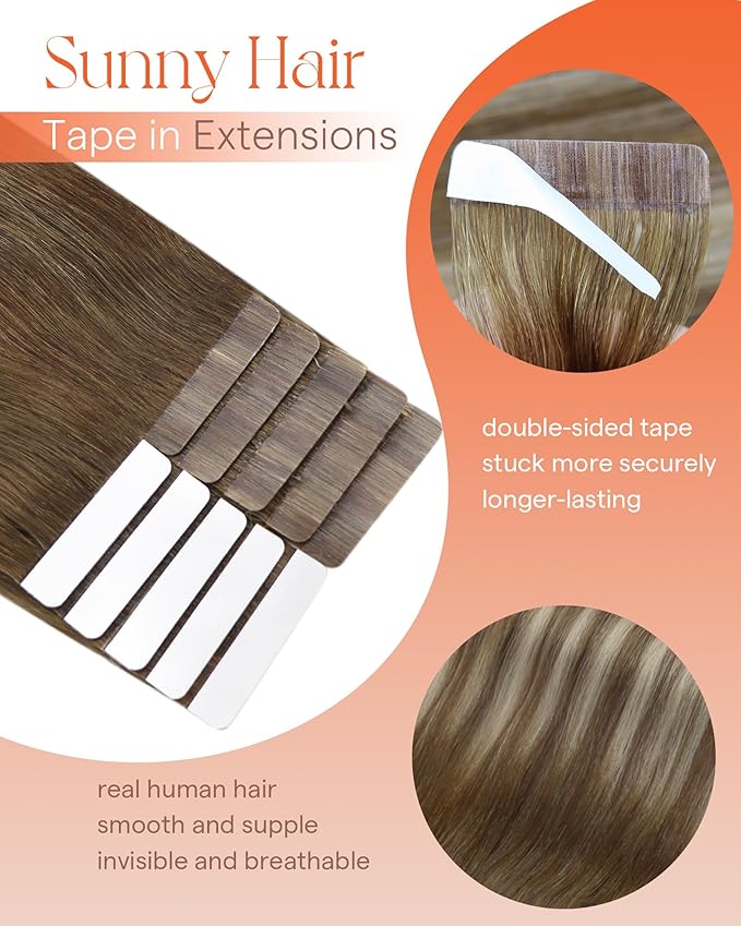 Sunny Hair Tape in Hair Extensions Real Human Hair Invisible Remy Hair Extensions Tape ins for Women Medium Brown Ombre PLatinum Blonde Balayage 20 inch 25G