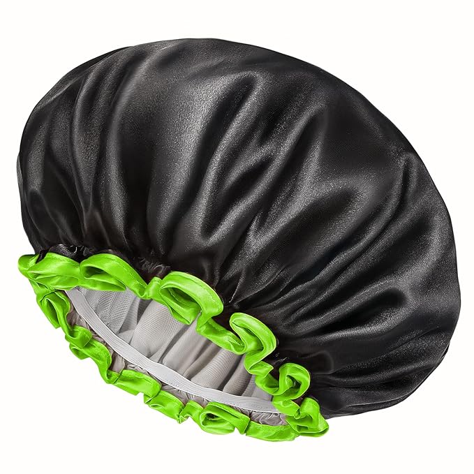 mikimini Black Shower Cap for Women, Men & Girls, 2 Packs Reusable Double Layers Waterproof Bathing Shower Hat with Soft Comfortable PEVA Lining, non-fading, Stretchy Shower Cap
