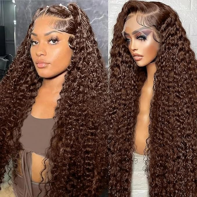 24 Inch Chocolate Brown Deep Wave Lace Front Wigs Human Hair Pre Plucked 200% Density 13x6 HD Lace Frontal Wigs with Baby Hair Deep Curly Wet and Wavy Glueless Wigs for Women (4# Brown, 24 Inch)