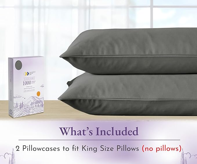 California Design Den King Size Pillows Cases Set of 2-1000 Thread Count Sateen, Soft and Thick 100% Cotton Pillowcases King, Durable - Grey