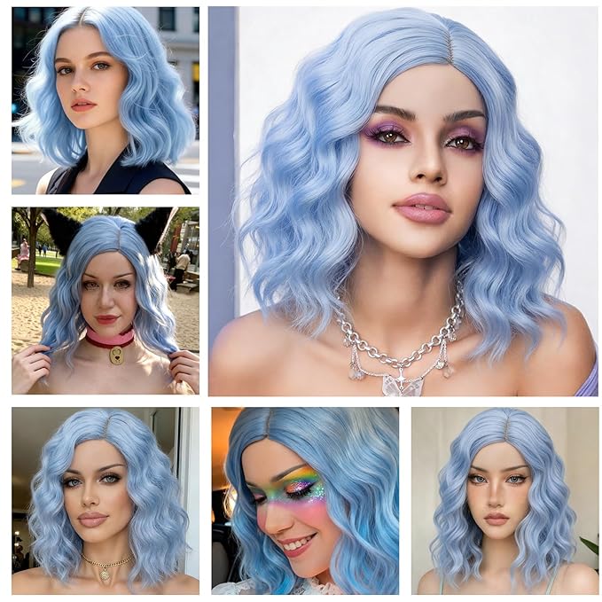 BUFASHION 14" Women Short Light Blue Kinky Straight Cosplay Synthetic Wigs With Air Bangs 46 Colors Available (Light Blue)