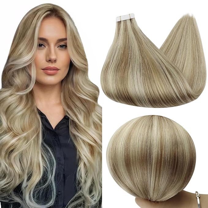 Full Shine Tape in Hair Extensions Color 16/22 Golden Blonde and Medium Blonde Seamless Tape in Hair Extensions Human Hair 22 Inch Highlighted Remy Hair Extensions Tape in 50Gram 20Pcs