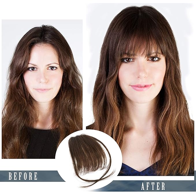 BARSDAR Real Human Hair Clip in Bangs - 100% Human Hair Clip in Bangs for Women - Brown Wispy Bangs Extensions Fringe with Temples Dyeable Real Hair Bangs Hairpieces - Dark Auburn Brown