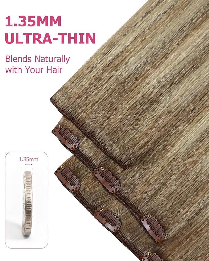 YoungSee 150g Balayage Clip in Hair Extensions Real Human Hair Light Brown Mix Platinum Blonde Balayage Real Hair Extensions Clip in Human Hair Easy to Wear Clip in Extensions 24 inch 7pcs