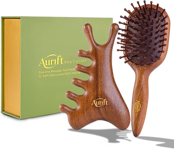 4 in 1 Gua Sha Tool & Hair Detangler Brush Set, Christmas Gifts for Women, Guasha Massager Tool for Face & Body, Eyes Care, Lymphatic Drainage, jawline shaper, Wooden Scalp Neck massager