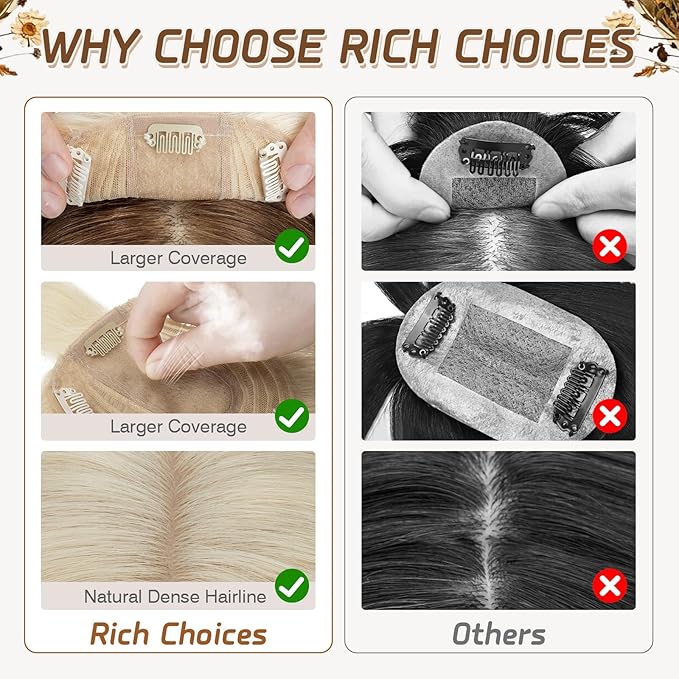 Rich Choices Hair Toppers for Women Real Human Hair 100% Human Remy Toppers NO Bangs for Women with Thinning on Top Clip in Hairpiece 4"x4.7"Lace Base 14 Inch #60 Platinum Blonde