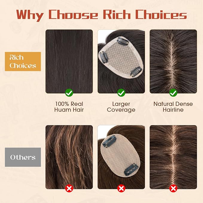 Rich Choices Human Hair Toppers for Women-100% Real Remy Hair Topper No Bang-Upgraded 150% Density 9 * 12CM Lace Base-Clip in Hairs Topper for Thinning Hairs-14Inch #1B Natual Black