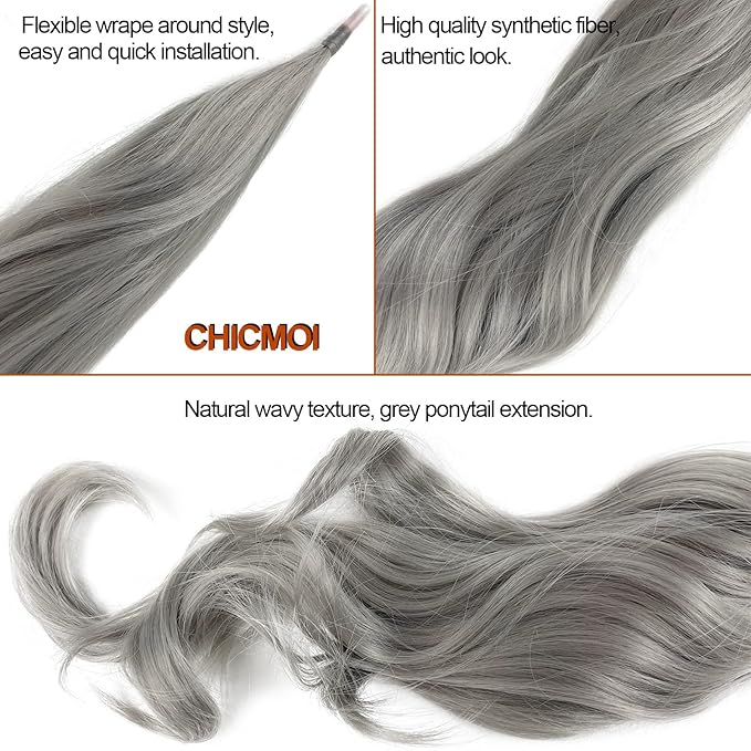 Chicmoi Grey Ponytail Extainson 32 Inch Flexible Wrap Around Ponytail Hair Extension Long Wavy Pony Tails hair Extension Synthetic Hairpieces For Women and Girls