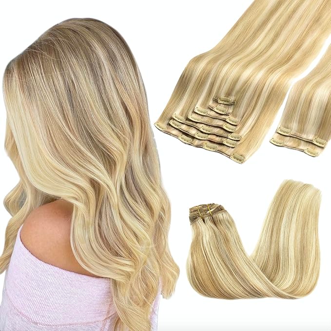 GOO GOO Clip in Hair Extensions Real Human Hair, Remy Human Hair Extensions Clip ins for Women, Natural Human Hair, 24inch 150g 9Pcs, #18A/613A Dark Blonde Highlighted Bleach Blonde