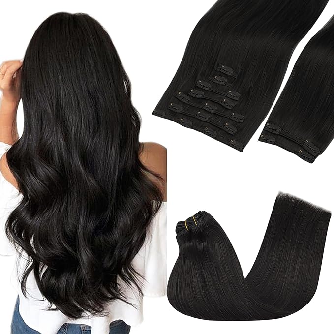 GOO GOO Clip in Hair Extensions Real Human Hair, Remy Human Hair Extensions Clip ins for Women, Natural Human Hair, 16inch 150g 9Pcs, 1B Natural black