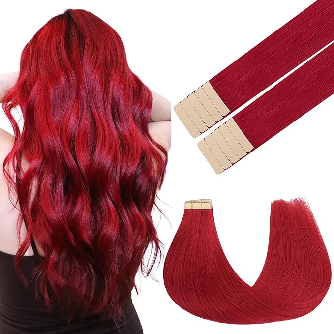 GOO GOO Tape in Hair Extensions Human Hair, Red, 20inch 30g 10pcs, Colored Tape ins Human Hair Extensions, Silky&Soft Invisible Tape Ins, Hair Highlighted for Party