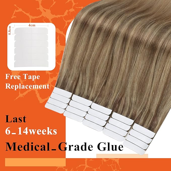 Full Shine Invisible Tape in Hair Extensions Balayage Golden Blonde Highlight Double Sided Tape in Extensions 22Inch 20Pcs 50Grams Seamless Tape Ins Human Hair Extensions for Wedding