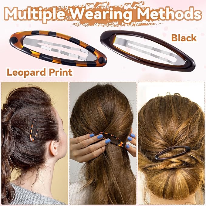 8 Pcs Hair Metal Barrettes for Women, Oval Large Barrettes, Small Snap Hair Clips for Women, Flat Non Slip Large Hair Clips (Black & Tortoise)