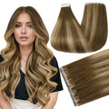 Full Shine Balayage Tape in Hair Extensions Color 4 Medium Brown Ombre 24 Blonde And 4 Injection Tape in Extensions Seamless Skin Weft Travel Friendly Styling for Hair loss Coverage 16Inch 40G 20Pcs
