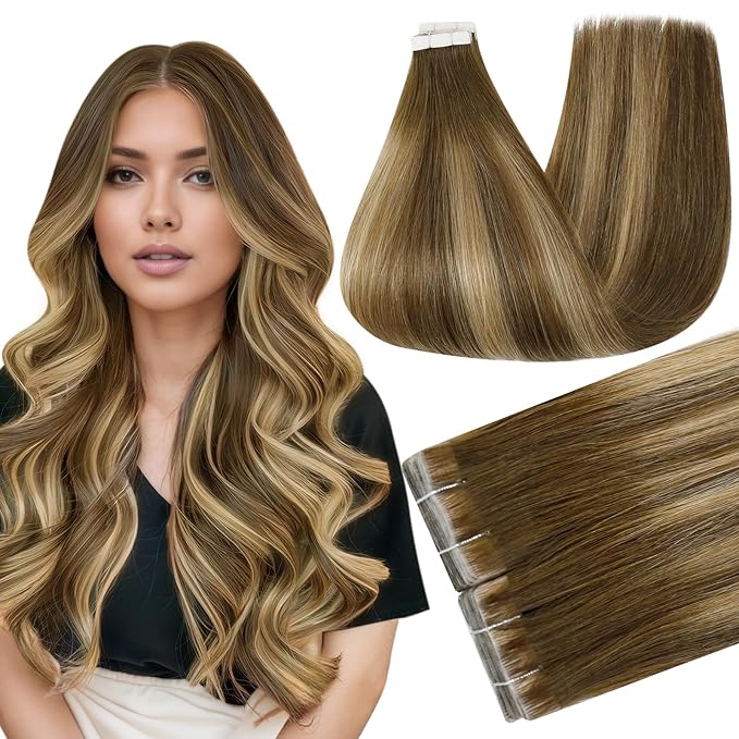 Full Shine Injected Tape in Hair Extensions Human Hair Color 4/24/4 Balayage Remy Tape Extensions Long Straight Skin Weft Seamless Extension 22Inch 50G 20Pcs Add Length Soft Natural