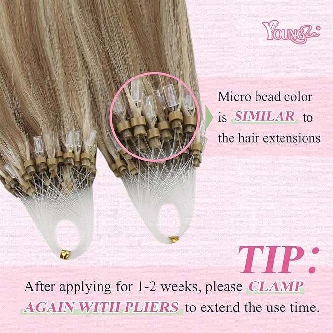 YoungSee Micro Link Hair Extensions Human Hair Highlight Micro Loop Hair Extensions Real Human Hair Light Brown Highlights Blonde Microbead Hair Extension for Adding Hair Volume 18 Inch 50s 50g