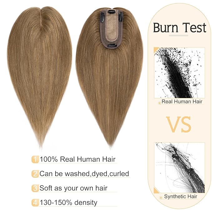 SEGO Human Hair Toppers for Women With Thinning Hair, 7 * 13CM Silk Base 100% Real Human Hair Clip in Top Wiglet Hairpieces /16 Inch No Bangs Light Brown