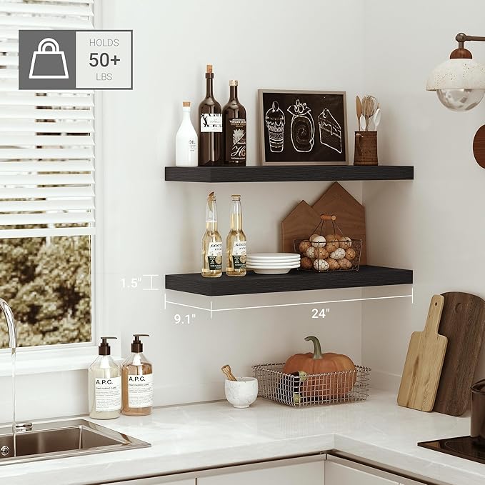 Black Floating Shelves for Wall Mounted, 24 inchs x 9.1” Deep x 1.5” Thick Wall Shelves for Bedroom, Living Room, Bathroom，Kitchen, Office, Home Decor Shelf with Invisible Bracket - Set of 2