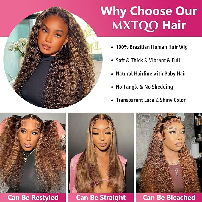 Ombre Highlight 13x6 Lace Front Wigs Human Hair HD Transparent Deep Wave Lace Front Wigs Human Hair Pre Plucked 200% Density Glueless #4/27 Colored Honey Blonde Wig for Women (26 Inch)