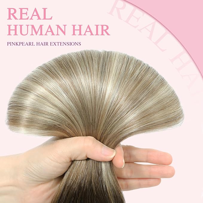 PINKPEARL Clip in Human Hair Extensions #3/8/22 Balayage Walnut Brown to Ash Brown and Golden Blonde Clip in Hair Extensions Real Human Hair 7pcs 120g 20inch Human Hair Extensios Clip ins(#3/8/22-20)