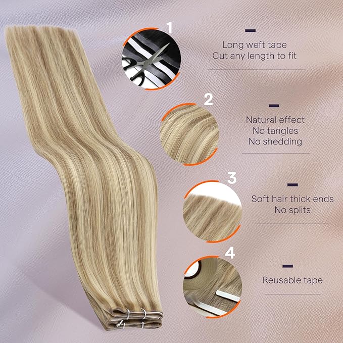 Full Shine Tape in Weft Hair Extensions Human Hair Color 16 Highlight 22 Blonde Genius Pu Genius Weft Double Sided Tape in Weft Invisible Tape ins Extensions 18Inch 50G One Piece for Daily Office Look