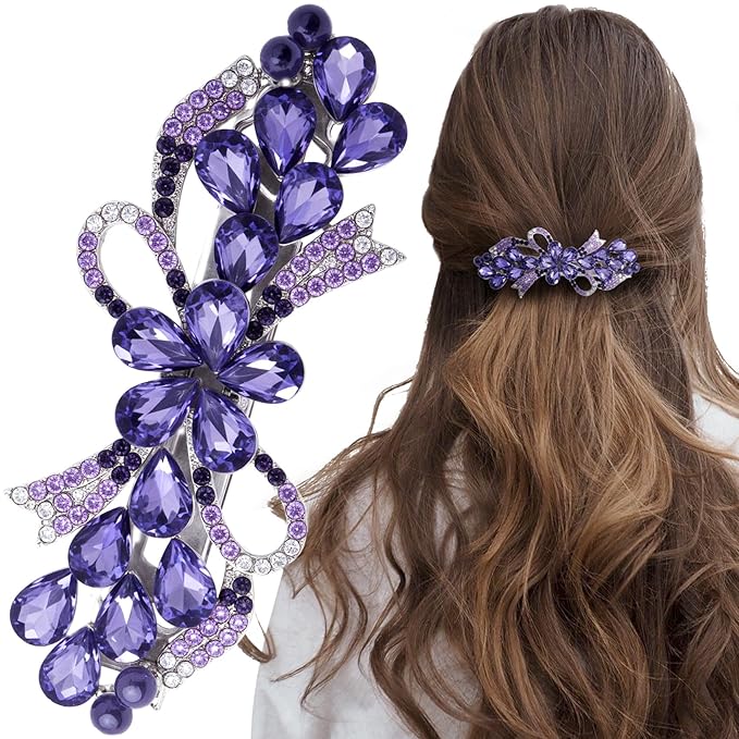 Joez Wonderful Rhinestone Hair Clip Sparkly Crystal Barrettes French Wedding Prom Engagement Pageant First Communion Hair Decorative Accessories for Women Long Hair (Bow Purple, 1 Pcs)