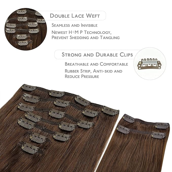 WENNALIFE Clip in Hair Extensions, 150g 24 Inch 9pcs Chocolate Brown Remy Hair Thicker Double Weft Extensiones De Cabello Humano Con Clip Ins Straight Full Volume
