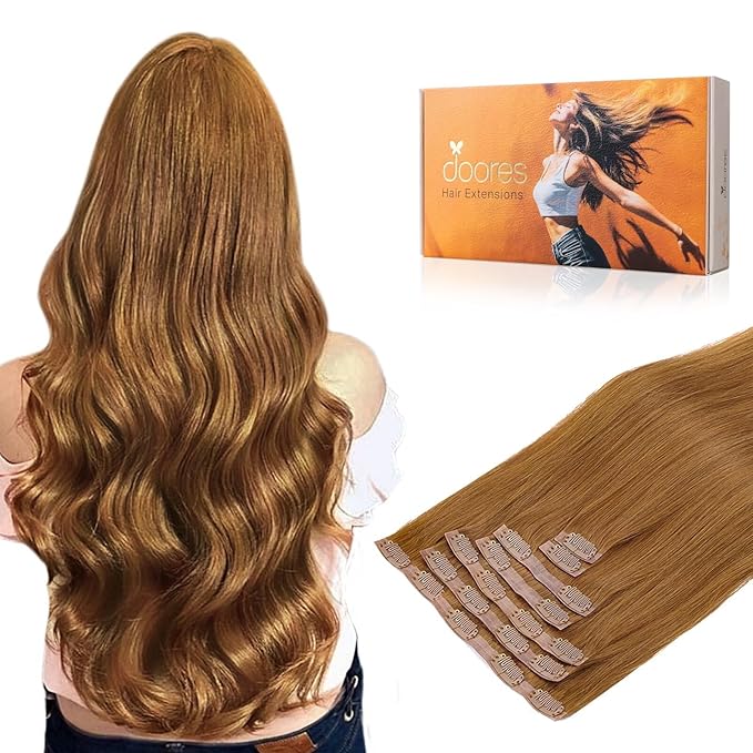 DOORES Seamless Clip-in Hair Extensions, Medium Auburn 18 Inch 130g 7pcs, Straight Natural Real Hair, Invisi Edge
