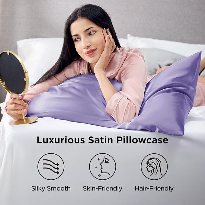 Bedsure King Size Satin Pillowcase Set of 2 - Lilac Silky Pillow Cases for Hair and Skin with Envelope Closure, Similar to Silk Pillow Cases, Gifts for Women Men, 20x36 Inches, 2pcs