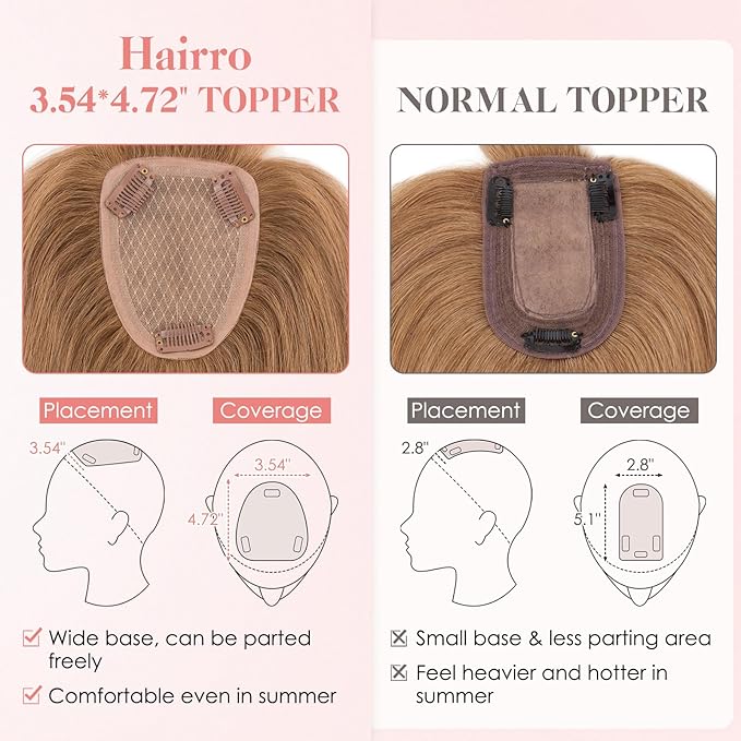 Hairro Human Hair Toppers with Wispy Bangs, 3.5x4.7" Hand-wovened Base for Women with Thinning Hair, Lightweight & Breathable Realistic Scalp, Clip-in Hairpieces for Easy Wear, 14 Inch Blondish Brown