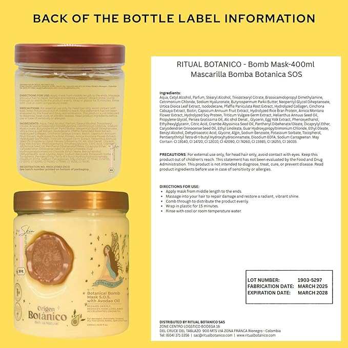 Ritual Botánico Keratina Orgánica | Treatment to Straighten, Repair and Relax Hair | Natural, Organic & Vegan | Product of Colombia | Mascarilla Bomba, 400 ml/13.52 Fl Oz