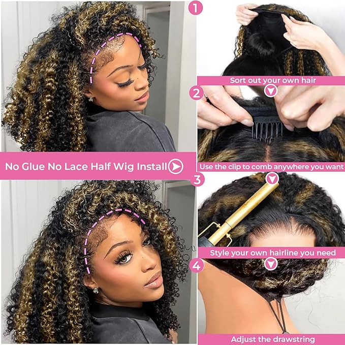 250% Density Kinky Curly Half Wig Human Hair Glueless Wigs Upgrade 3 IN 1 Highlight 1b/27 Half Wig With Drawstring Seamless Clip Ins Flip Over Kinky Curly Human Hair No Glue No Lace 16 Inch