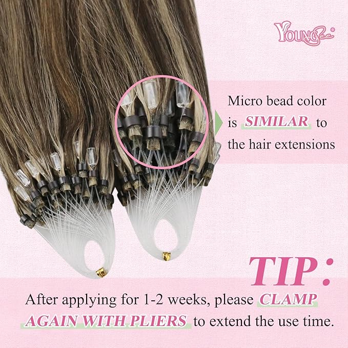 YoungSee Micro Bead Hair Extensions Real Human Hair Highlight Microlink Hair Extensions Dark Brown and Blonde Highlight Micro Loop Hair Extension Human Hair 20In 50g 50s Cold Fusion Hair Extension