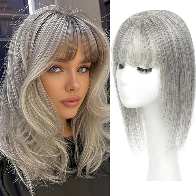 Hair Toppers for Women Real Human Hair, 360°3D Topper for Women with Thinning Crown Middle Clip in Bangs Breathable Hand Tied Craft Big Coverage Hairpieces (Gray（Big Coverage）, 14 Inch-W)